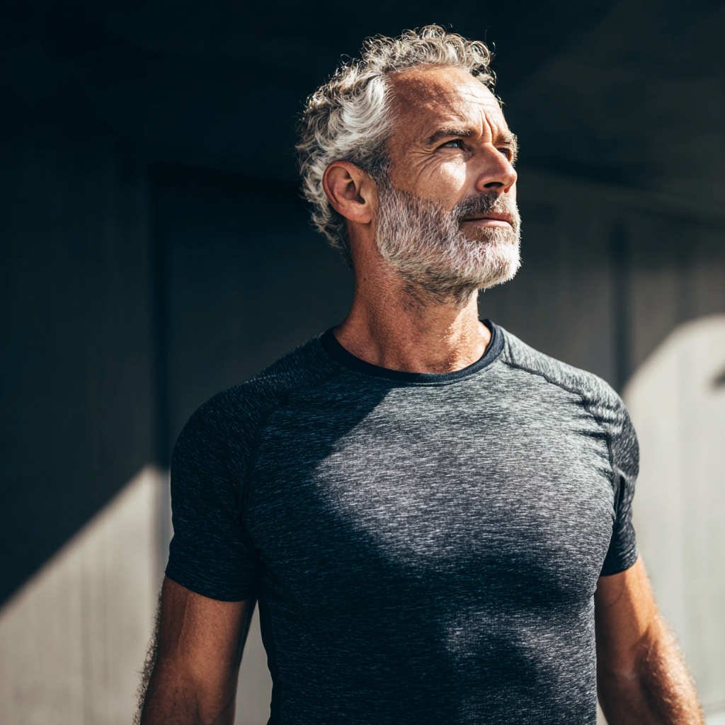 Middle-aged man following structured wellness and exercise program