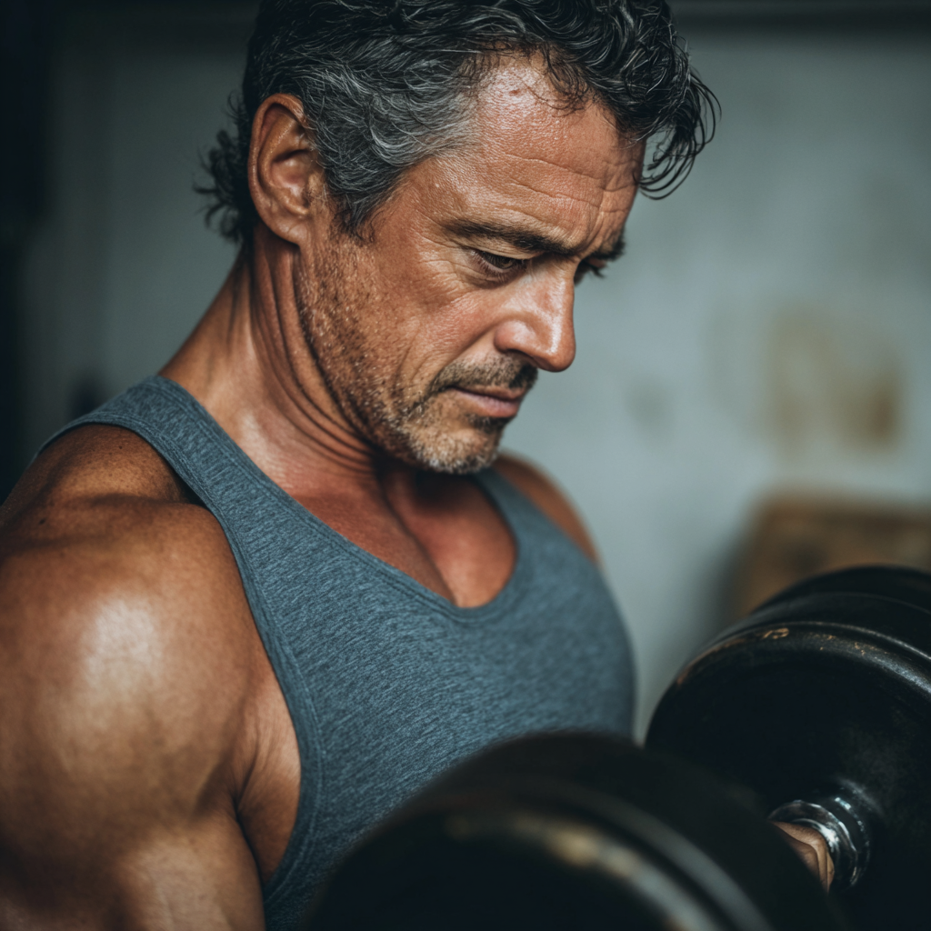 Middle-aged man practicing strength training with focus and determination