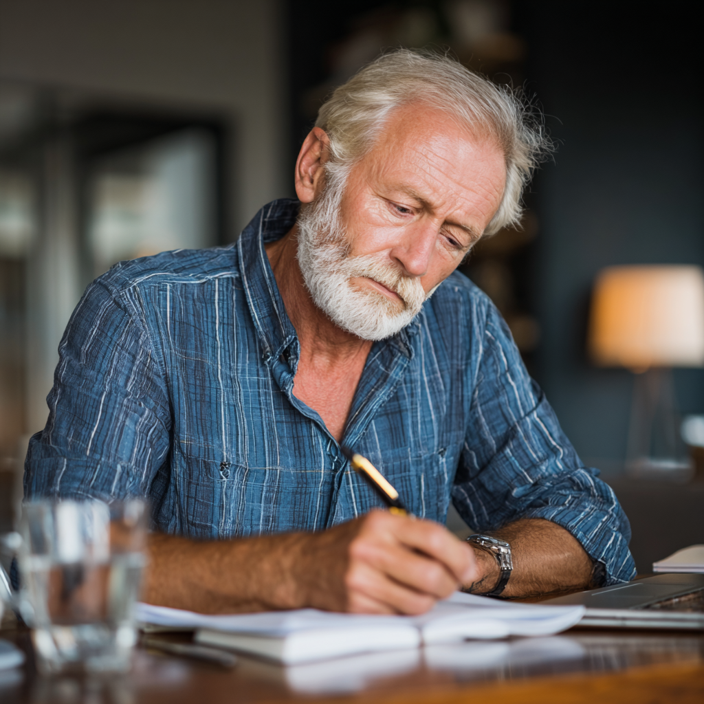 Older adult man setting personal development goals with focused attention